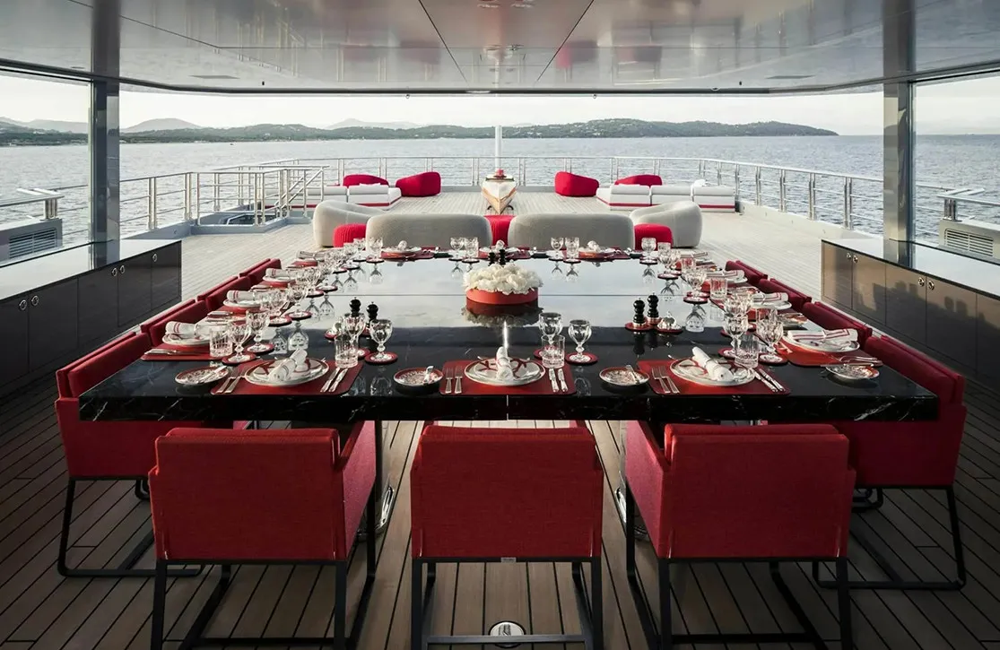 Best Charter Yacht Cyclades 2025, 85M BOLD Upper Deck dining area