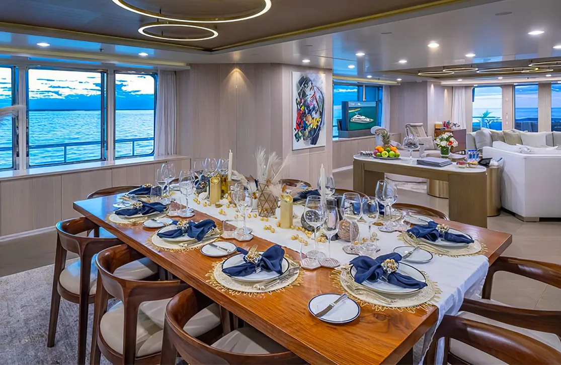 50M REVERIE Dining Area. Best Charter Yacht Bahamas 2025: 50M REVERIE dining area