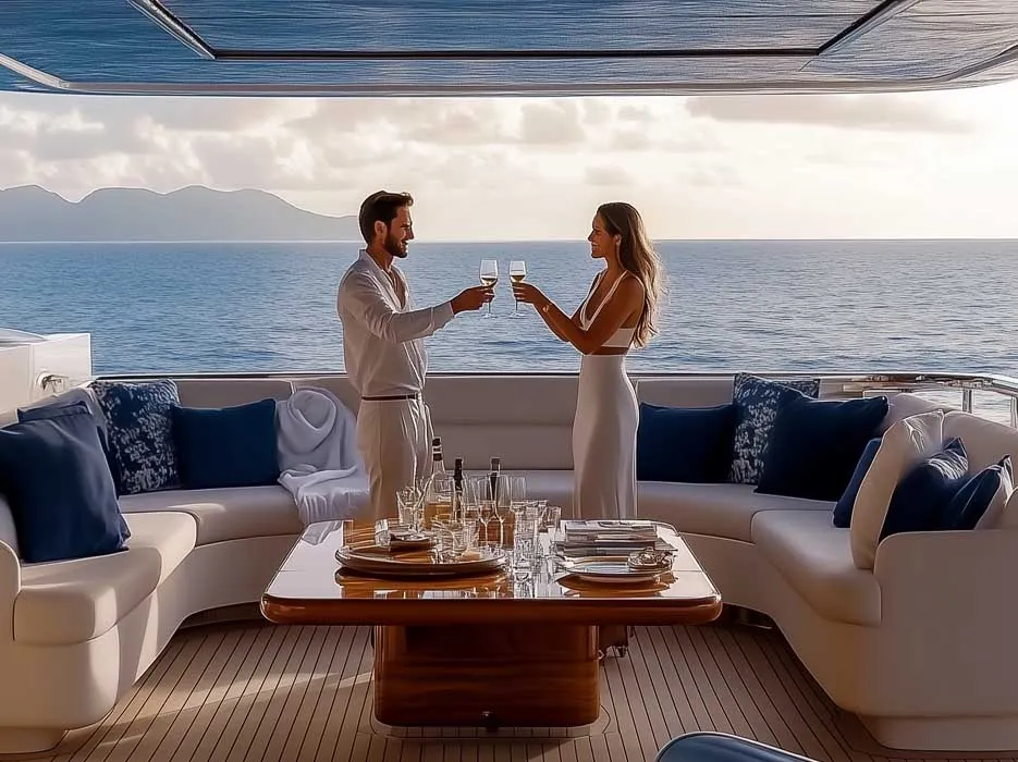 why charter a yacht a couple toasting drinks