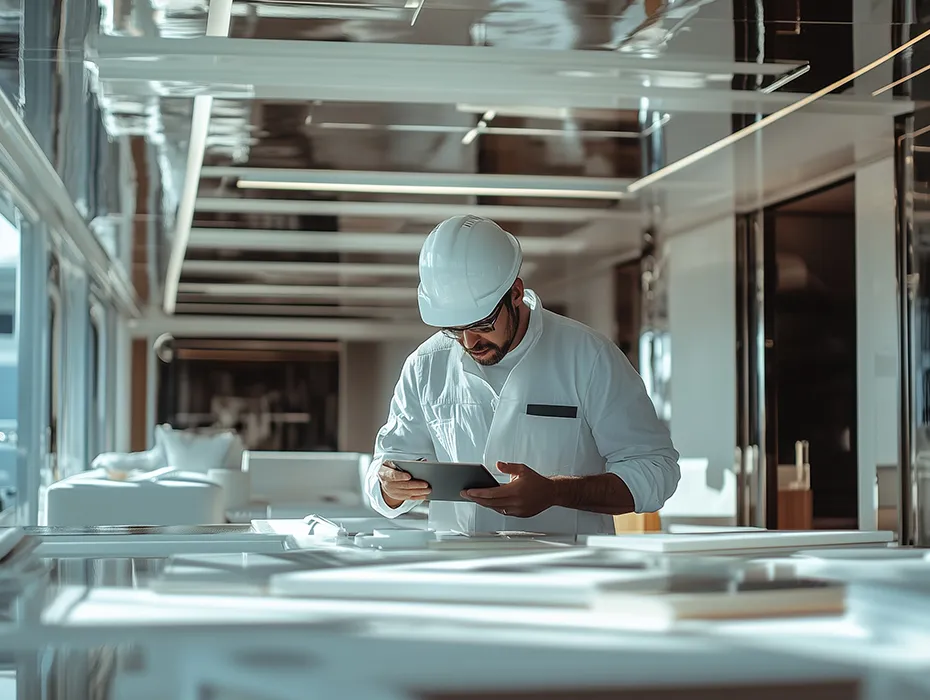 Yacht build management quality control. LIME Yacht Brokerage project manager reviewing craftsmanship of work in a custom megayacht construction.