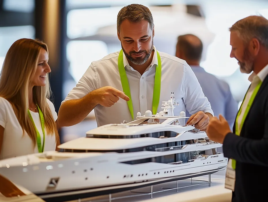 Yacht build management with client. LIME Yacht Brokerage discussion of vision of megayacht construction