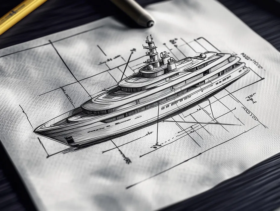custom yacht construction sketch of a yacht