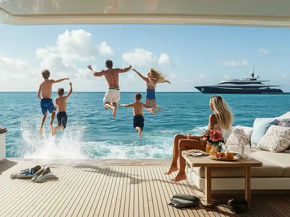 why charter a luxury yacht a family jumping into the water