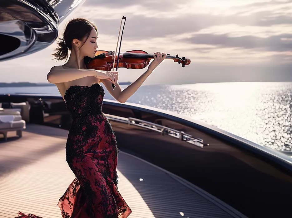 yacht charter management marketing and promotion with a woman playing violin