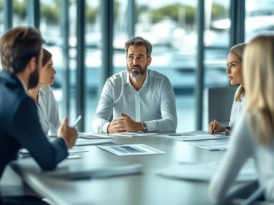 yachting family office services and asset protection from lime yachts people at an office in a meeting