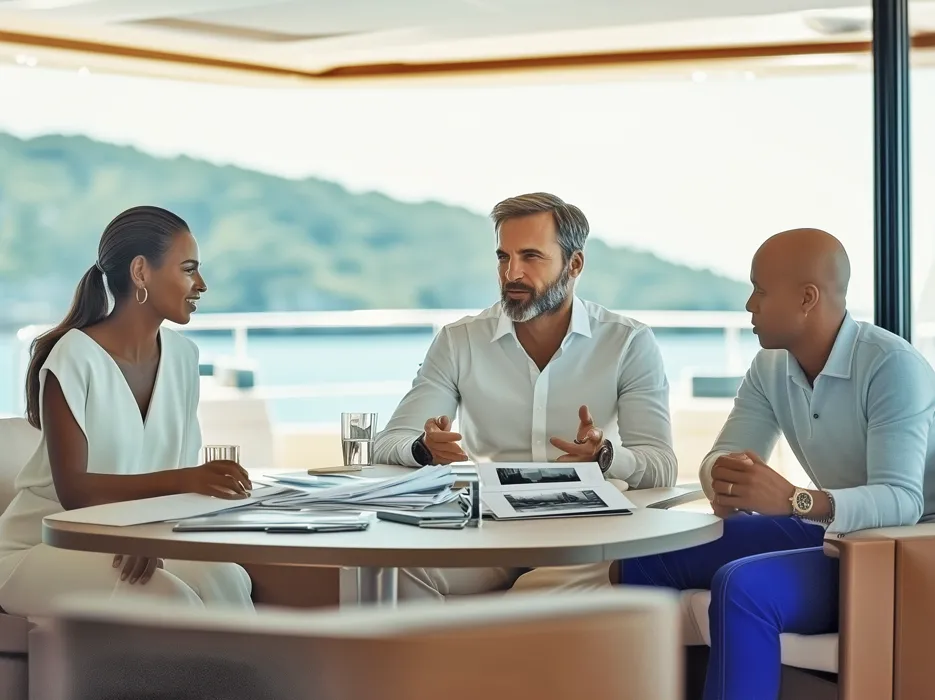 yachting family office services and expertise from lime yachts people at a table on a yacht talking