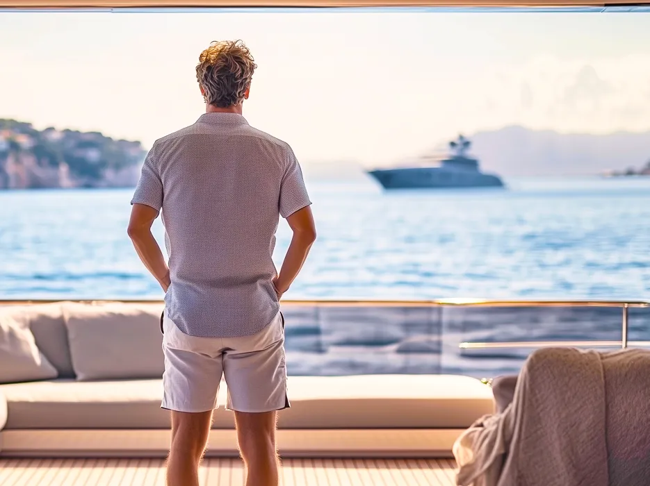Man viewing yachts and yacht data information