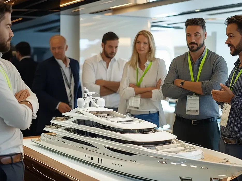 Superyacht brokers and engineers looking at a yacht model, discussing a custom yacht build.