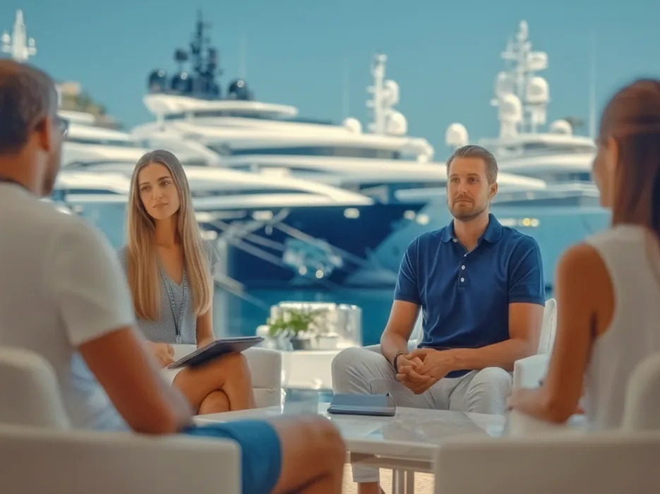 Superyacht Brokers discussing the yachts for charter on the open market with clients 