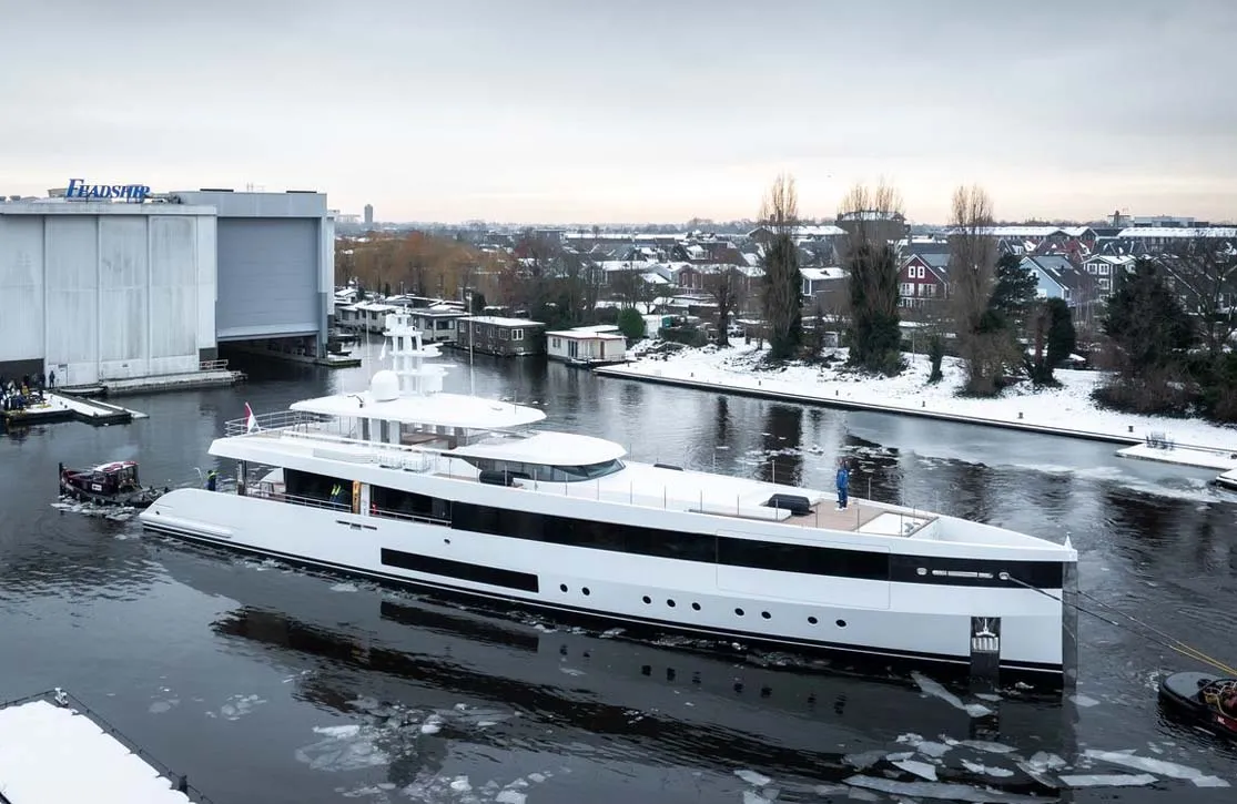 Feadship 50-meter yacht launch of 2026 with Yacht Broker in Miami Florida standing onboard
