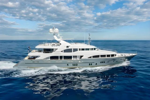 Justa Delia yacht, a 145 ft Benetti luxury superyacht underway, 44.2 meters, built in 2008, 2024.
