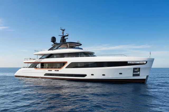Alluria yacht, a 120 ft Benetti luxury superyacht underway, 36.8 meters, built in 2023.