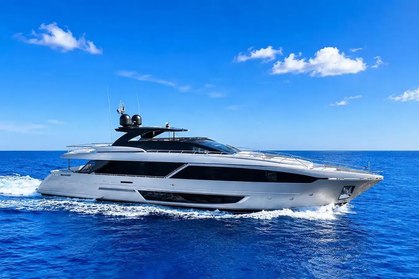 28 Monopoly yacht, a 110 ft Riva luxury superyacht underway, 33.53 meters, built in 2019.