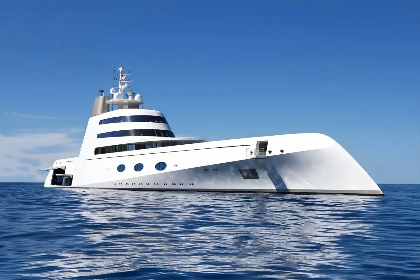 A yacht, a 390 ft Blohm & Voss luxury superyacht underway, 119 meters, built in 2008.