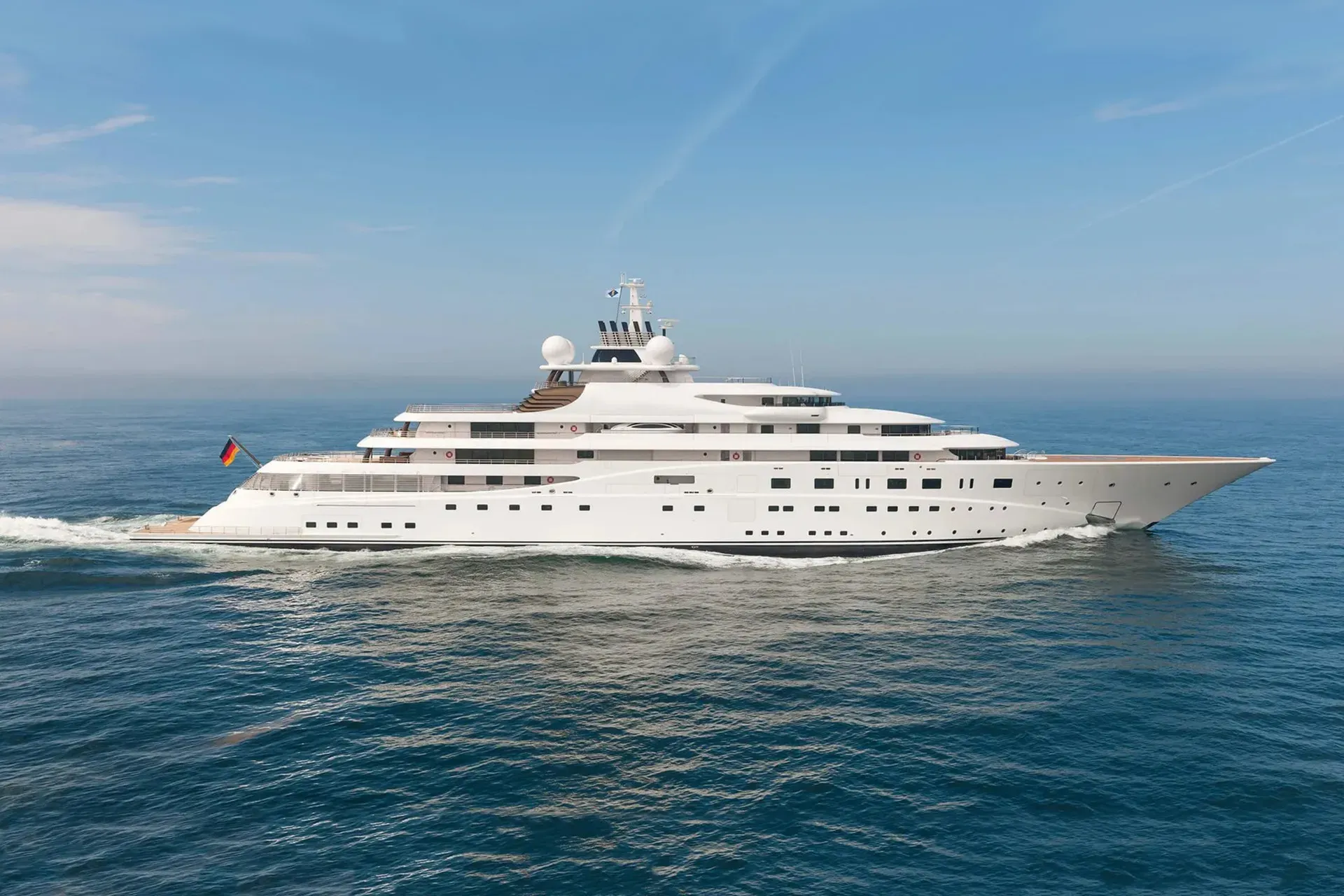 A+ yacht, a 483 ft Lürssen luxury superyacht underway, 147.25 meters, built in 2012.