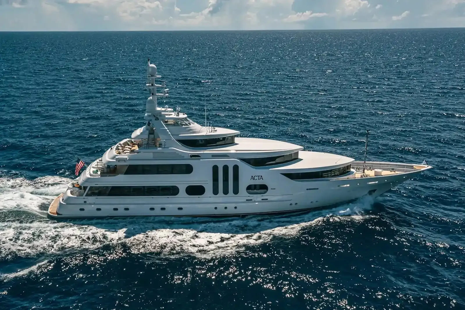 Acta yacht, a 168 ft Feadship luxury superyacht underway, 51.21 meters, built in 2007, 2020.