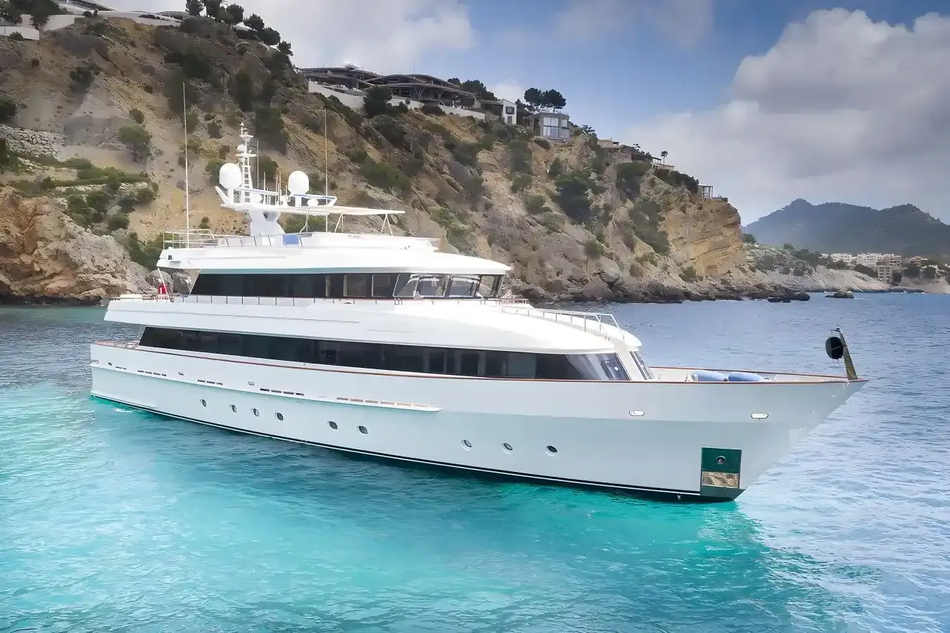 Alcor yacht, a 114 ft Heesen luxury superyacht underway, 34.84 meters, built in 2000, 2020.