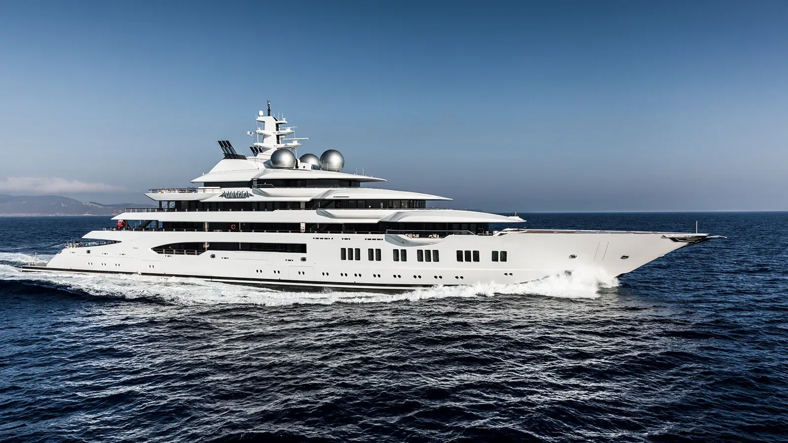 Amadea yacht, a 348 ft Lürssen luxury superyacht underway, 106.1 meters, built in 2017.