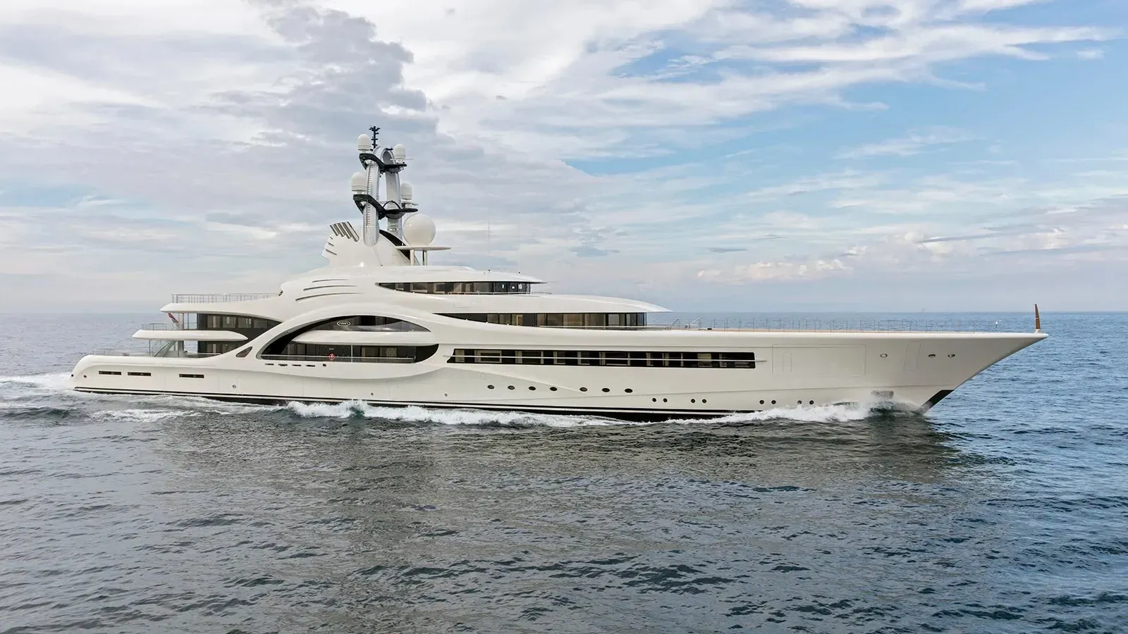 Ambassador yacht, a 360 ft Feadship luxury superyacht underway, 110 meters, built in 2018.