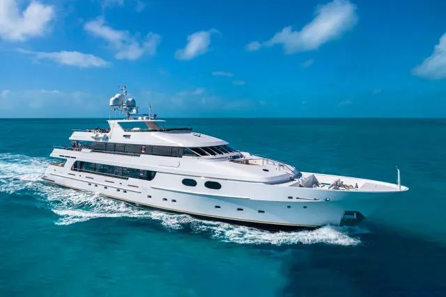 Amore yacht, a 157 ft Christensen luxury superyacht underway, 47.85 meters, built in 2005, 2024.