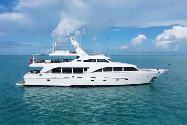 Anypa yacht, a 99 ft Benetti luxury superyacht underway, 30.2 meters, built in 2003, 2014.