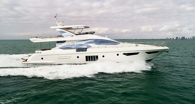 April Fools yacht, a 82 ft Azimut luxury superyacht underway, 25.2 meters, built in 2018.