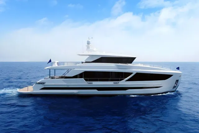 Aqua Life yacht, a 90 ft Horizon luxury superyacht underway, 27.45 meters, built in 2019.