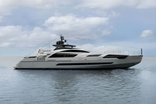 Arina yacht, a 142 ft Pershing luxury superyacht underway, 43.3 meters, built in 2024.