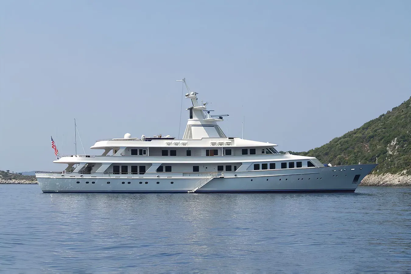 Astarte II yacht, a 213 ft Blohm & Voss luxury superyacht underway, 65.2 meters, built in 1987.