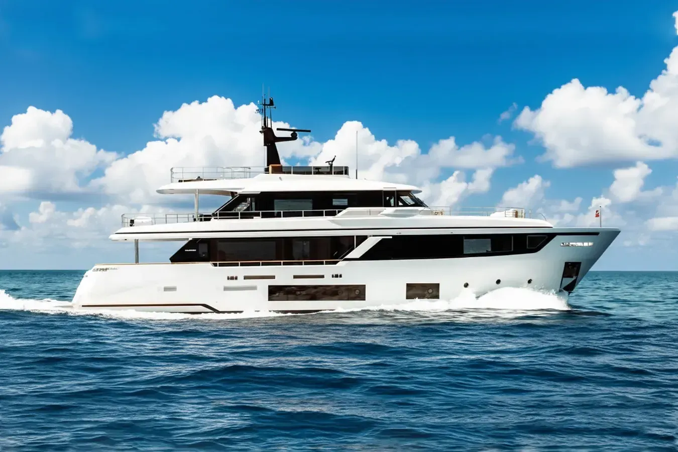 At One yacht, a 93 ft Custom Line luxury superyacht underway, 28.43 meters, built in 2024.
