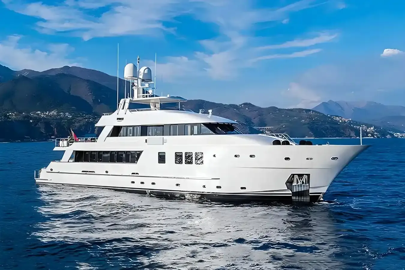 Atom yacht, a 111 ft INACE luxury superyacht underway, 33.83 meters, built in 2007, 2023.