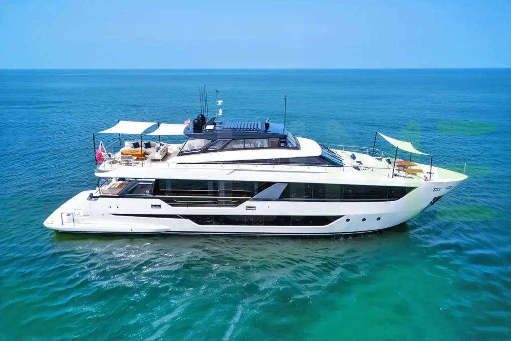 White Aurora yacht for sale and price, showing the details and features of the interior and exterior available for purchase from LIME Yachts and Brokerage located in Fort Lauderdale Florida.