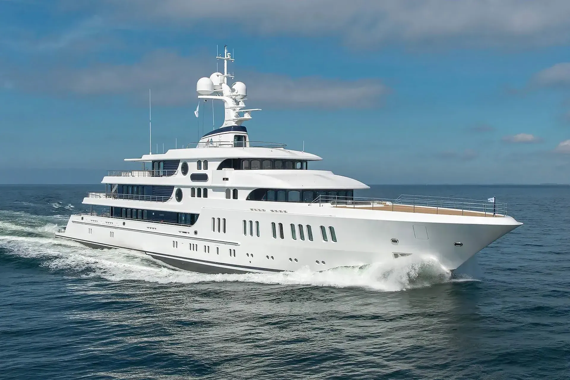 Aurora X yacht, a 242 ft Lürssen luxury superyacht underway, 74 meters, built in 2017.