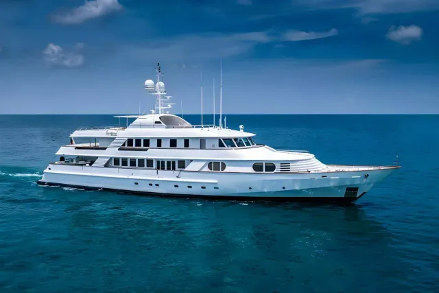 Azul V yacht, a 158 ft CRN luxury superyacht underway, 48.3 meters, built in 1996, 2016.