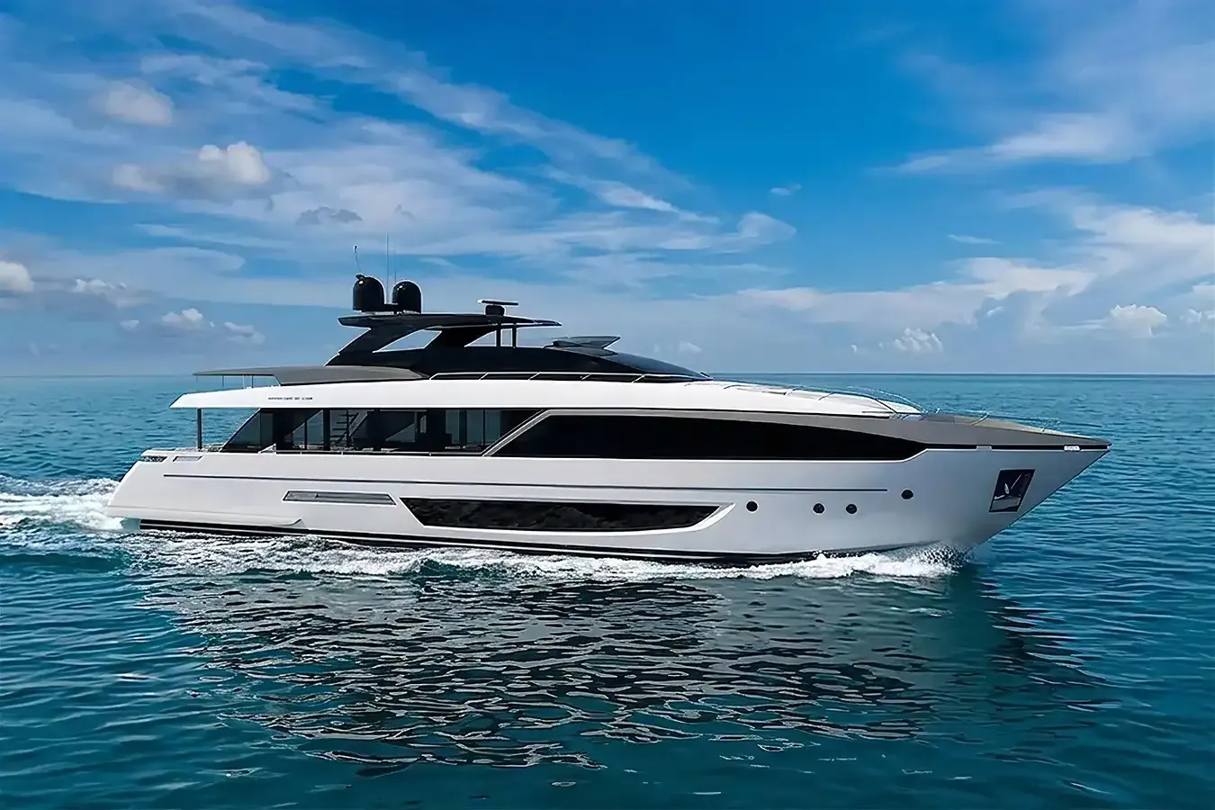 Bangadang yacht, a 110 ft Riva luxury superyacht underway, 33.53 meters, built in 2019.