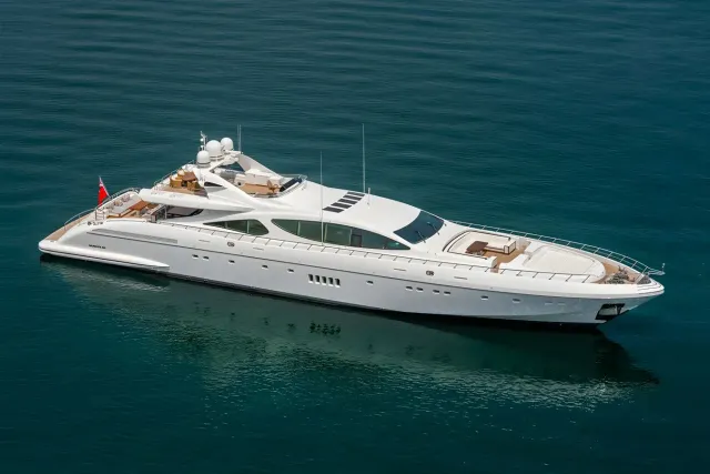 Bash IV yacht, a 163 ft Overmarine luxury superyacht underway, 49.9 meters, built in 2008, 2015.