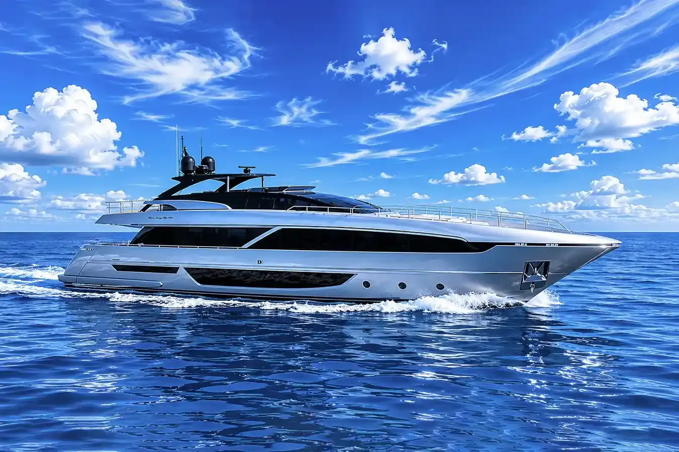 Basilic yacht, a 98 ft Riva luxury superyacht underway, 29.9 meters, built in 2021.