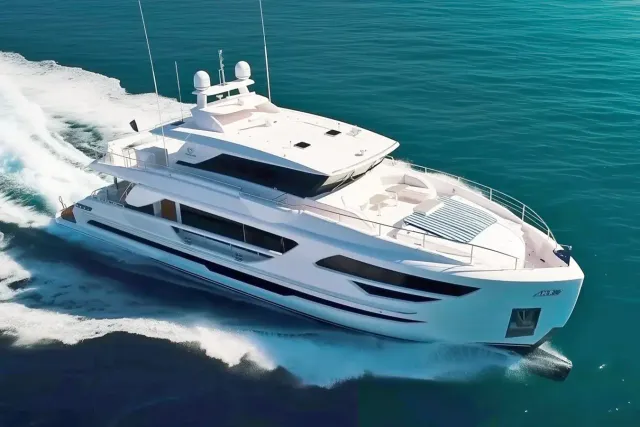 Bella Tu yacht, a 90 ft Horizon luxury superyacht underway, 27.45 meters, built in 2019, 2023.