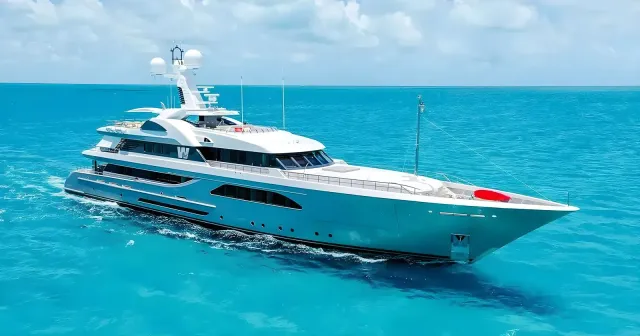 Beowulf yacht, a 189 ft Feadship luxury superyacht underway, 57.6 meters, built in 2013, 2020.