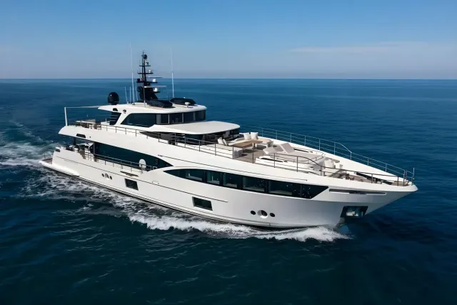 Big M yacht, a 108 ft Gulf Craft luxury superyacht underway, 33 meters, built in 2024.