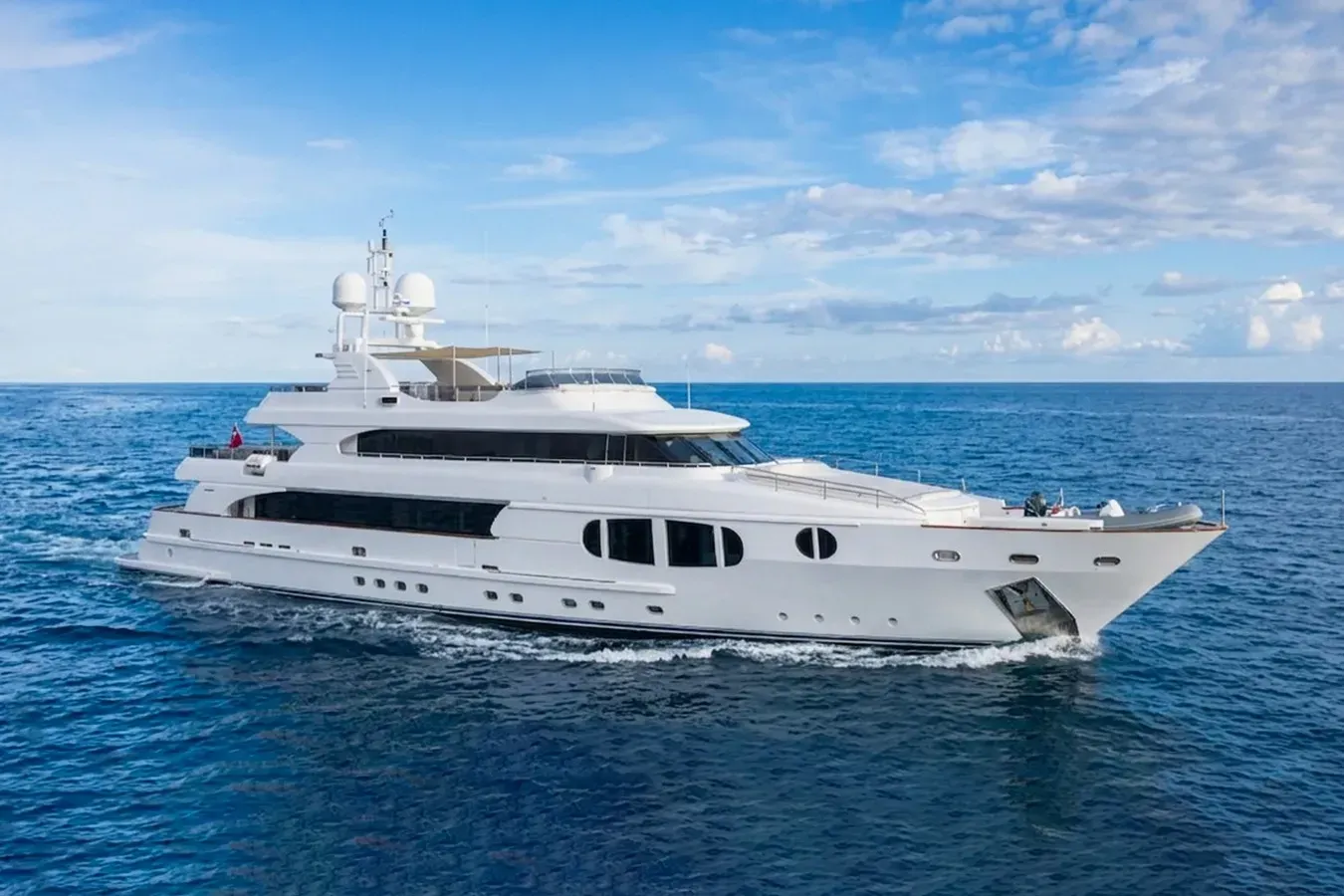 Bina yacht, a 139 ft Mondomarine luxury superyacht underway, 42.65 meters, built in 2006, 2015.