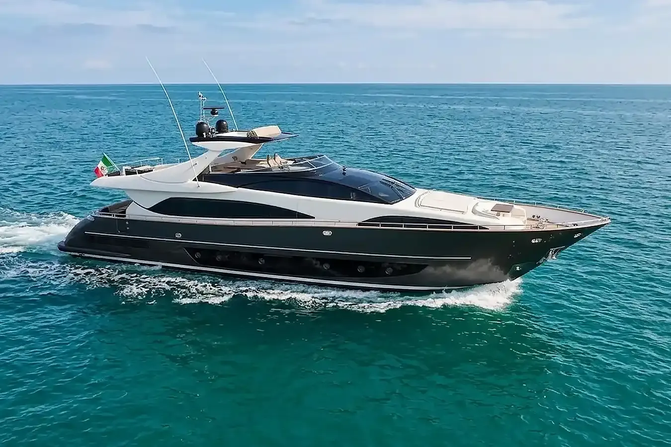 Black Swan yacht, a 92 ft Riva luxury superyacht underway, 28.23 meters, built in 2008.