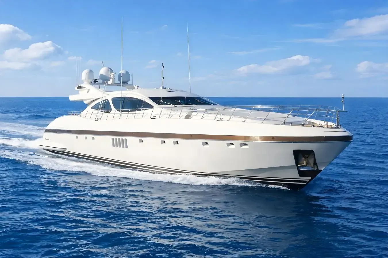 Blue Azur yacht, a 130 ft Mangusta Yachts luxury superyacht underway, 39.65 meters, built in 2007, 2026.