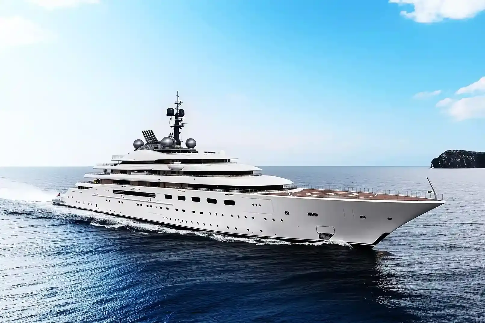 Blue yacht, a 524 ft Lürssen luxury superyacht underway, 160 meters, built in 2022.