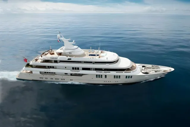 Boadicea yacht, a 251 ft Amels luxury superyacht underway, 76.6 meters, built in 1999, 2024.
