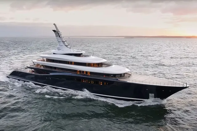 Breakthrough yacht, a 389 ft Feadship luxury superyacht underway, 118.8 meters, built in 2025.