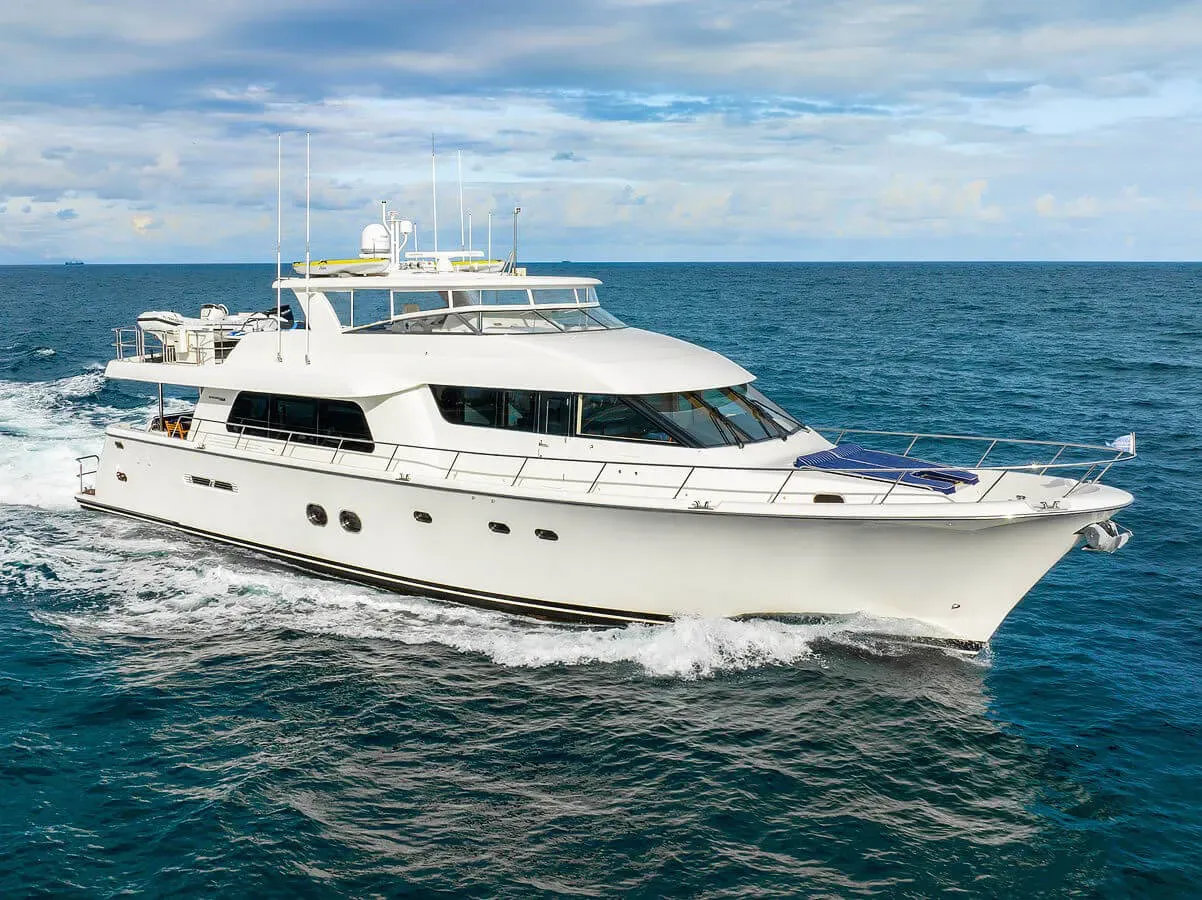 Cabana yacht, a 85 ft Pacific Mariner luxury superyacht underway, 26.16 meters, built in 2012.