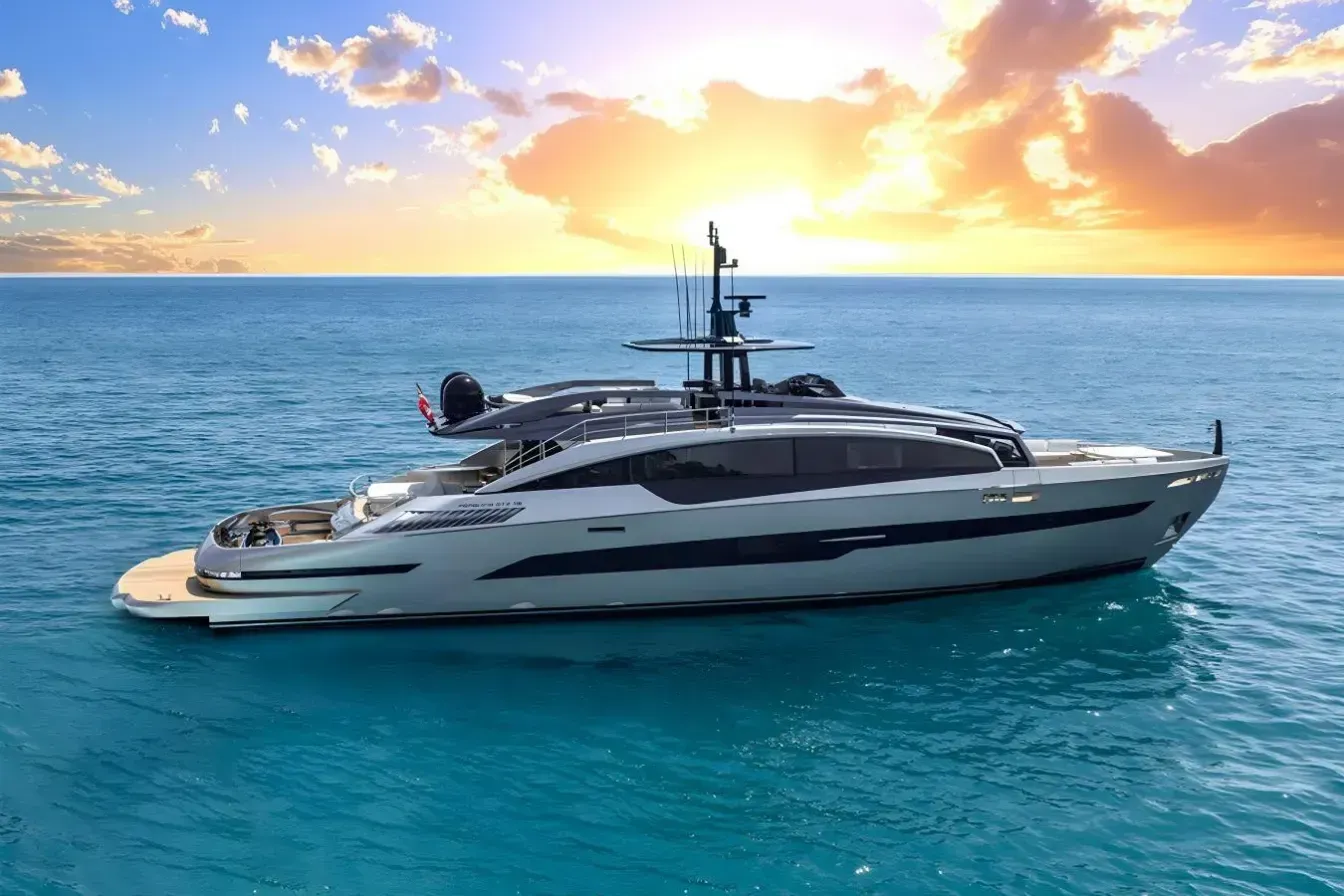 Caffeine yacht, a 116 ft Pershing luxury superyacht underway, 35.36 meters, built in 2023.