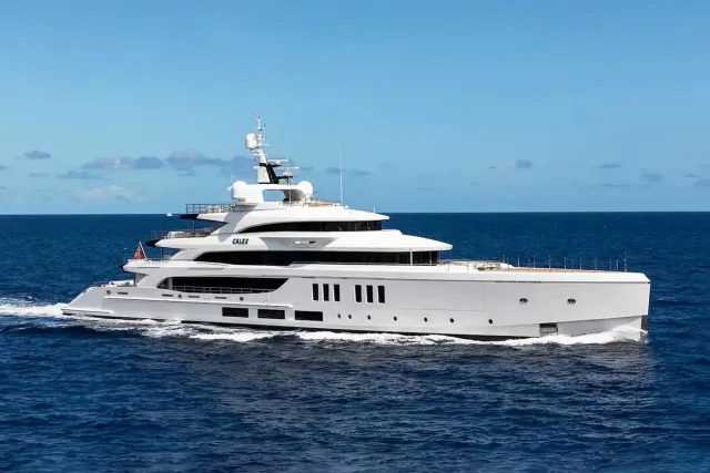 Calex yacht, a 219 ft Benetti luxury superyacht underway, 67 meters, built in 2022.