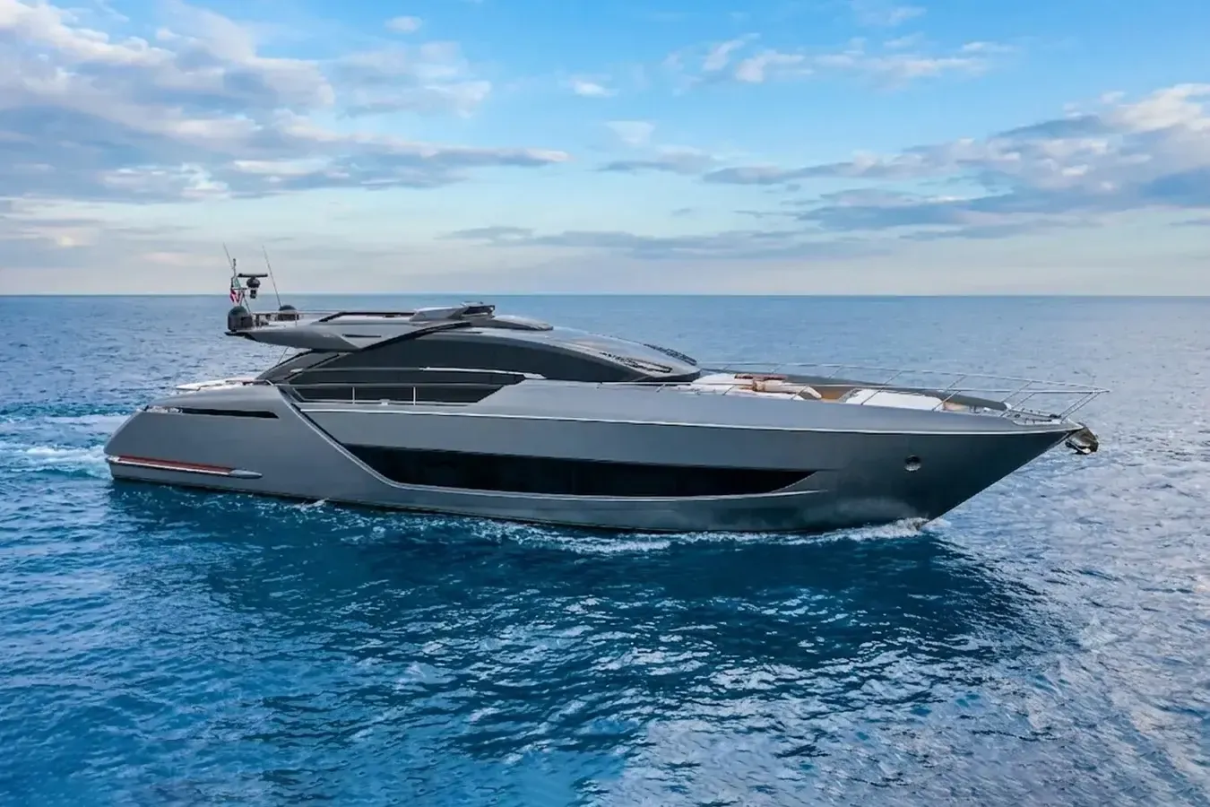 Cali of London yacht, a 88 ft Riva luxury superyacht underway, 26.92 meters, built in 2023.